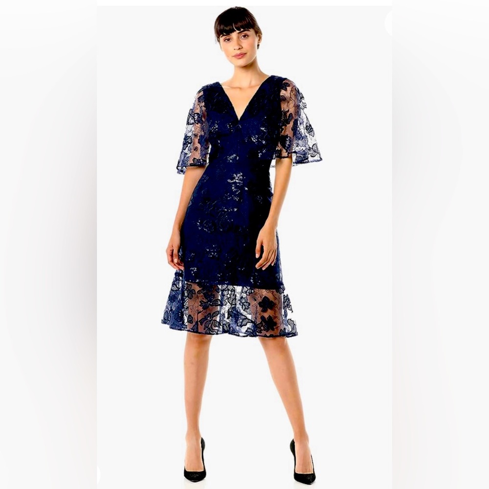 NWT! Dress the Population Roseanna Flutter Sleeve Sequin Lace Midi Dress in Navy